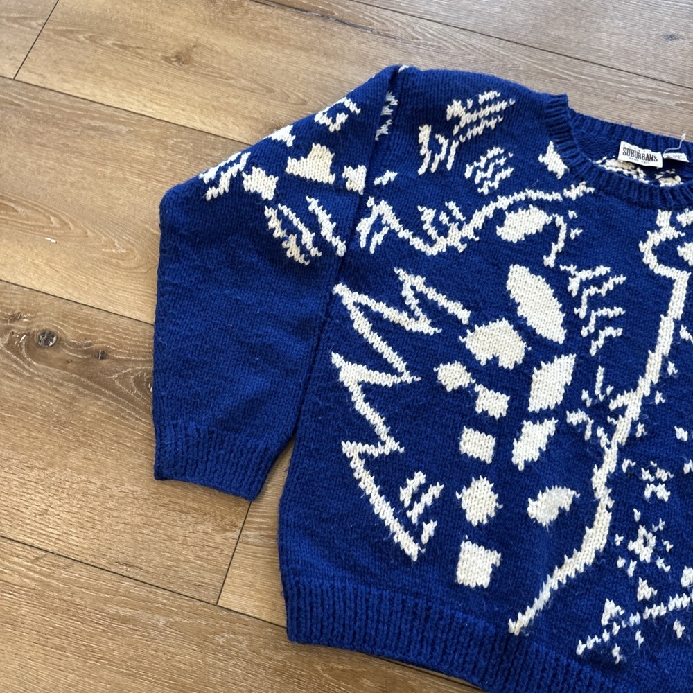 Vintage Country Suburbans Sweater Womens M Blue Acrylic Hand Knit Retro 80s 90s - Picture 6 of 8